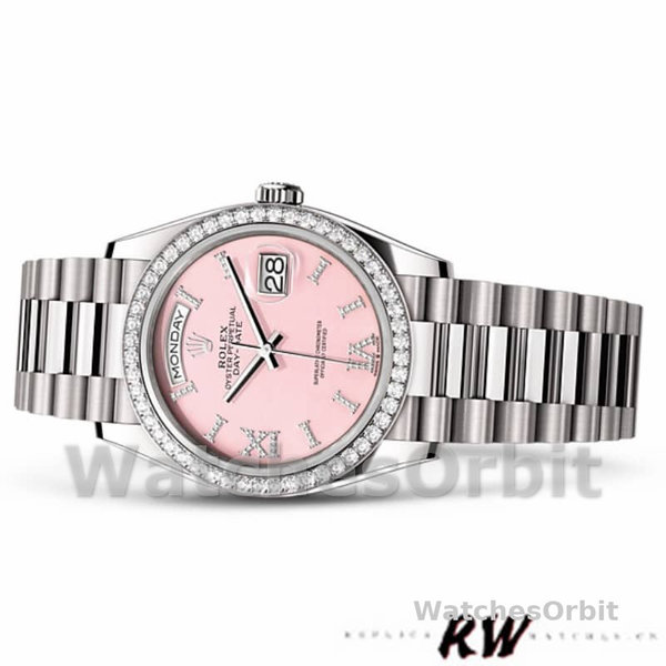 Replica Rolex Day-Date 36mm voor heren-128349RBR-Roze Opaal Wijzerplaat-Diamanten Ring Roze