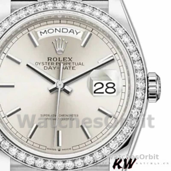 Replique Rolex Day-Date 36mm Unisex-128349RBR-Cadran indexé argenté- Lunette diamant argenté
