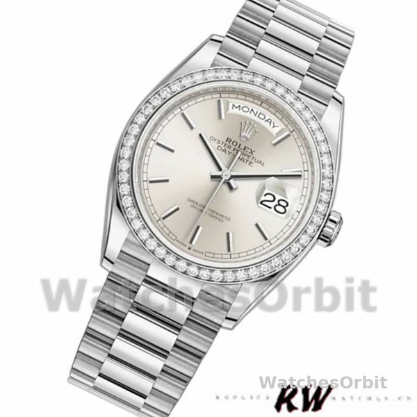 Replique Rolex Day-Date 36mm Unisex-128349RBR-Cadran indexé argenté- Lunette diamant argenté