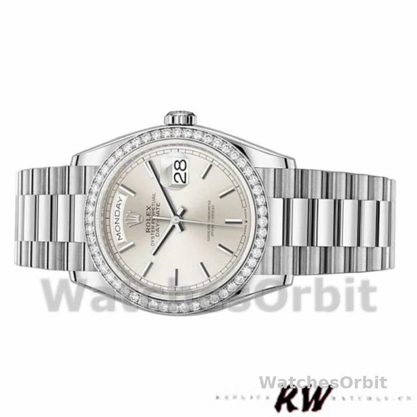 Replique Rolex Day-Date 36mm Unisex-128349RBR-Cadran indexé argenté- Lunette diamant argenté