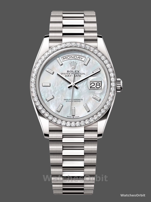Rolex Day-Date 128349RBR White Mother of Pearl Dial Diamond Bezel 36MM Lady Replica Watch