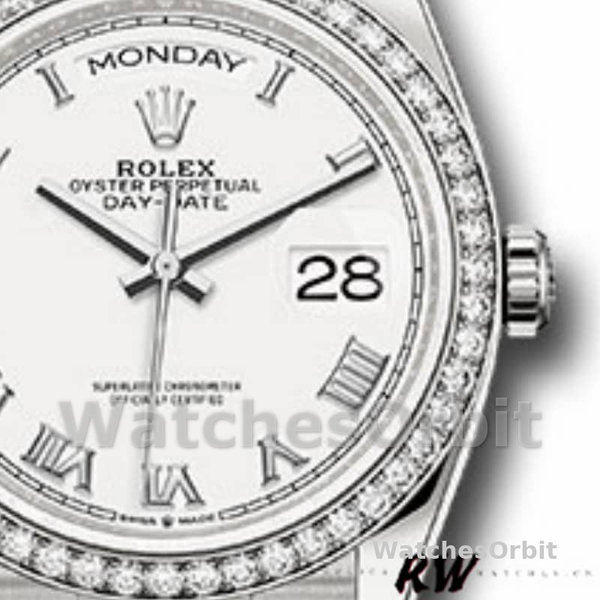 Replique Rolex Day-Date 36mm Unisex-128349RBR-White Roman Dial-Diamond Bezel White unisexe