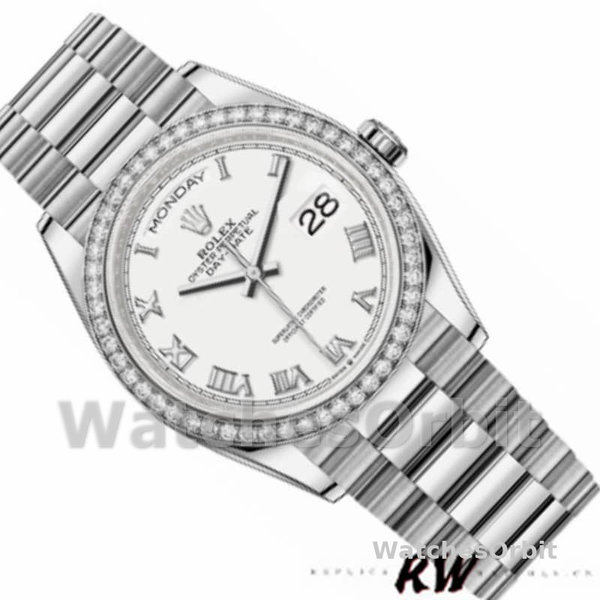 Replique Rolex Day-Date 36mm Unisex-128349RBR-White Roman Dial-Diamond Bezel White unisexe