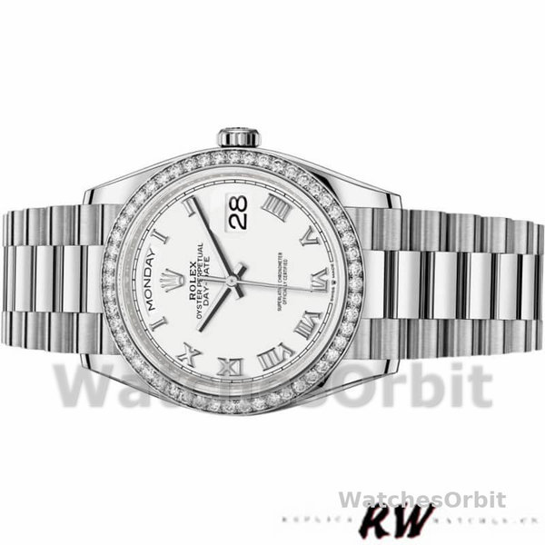 Replique Rolex Day-Date 36mm Unisex-128349RBR-White Roman Dial-Diamond Bezel White unisexe
