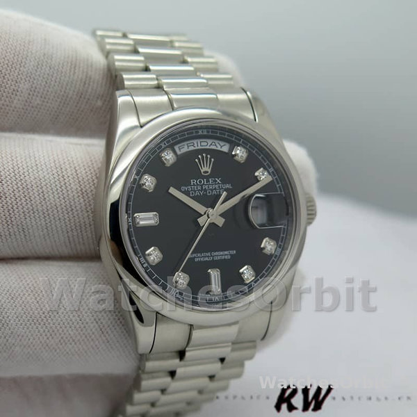 Replica Heren Rolex Day-Date-218206, 41mm, Platina, Zwarte Diamanten Wijzerplaat