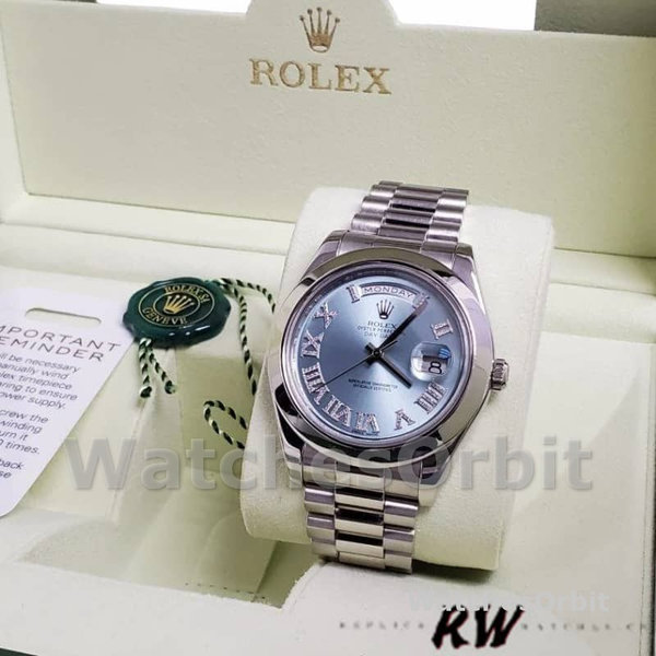 Replica Heren Rolex Day-Date-218206, 41mm, Platina, Glacier Blue Diamond Romeinse Wijzerplaat