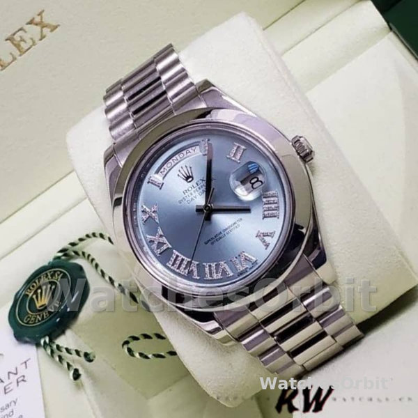 Replica Heren Rolex Day-Date-218206, 41mm, Platina, Glacier Blue Diamond Romeinse Wijzerplaat