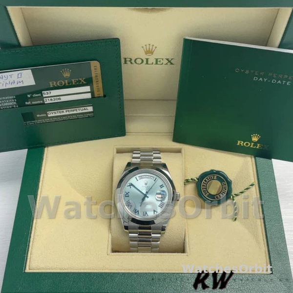 Replica Heren Rolex Day-Date-218206, 41mm, Ijsblauwe wijzerplaat, Platina