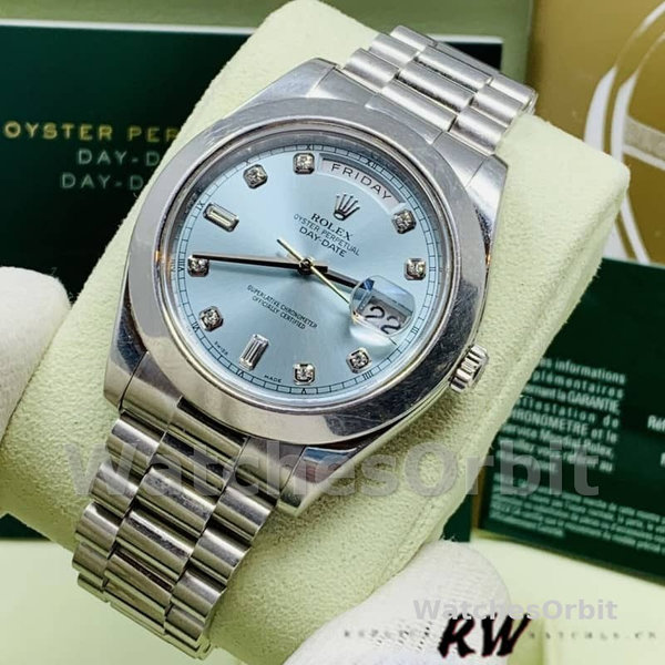 Replica Heren Rolex Day-Date-218206, 41mm, Platina, Ijsblauwe Diamanten Wijzerplaat
