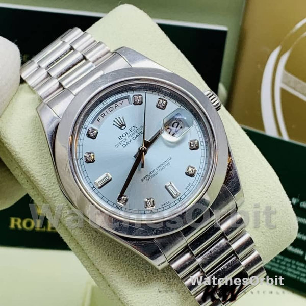 Replica Heren Rolex Day-Date-218206, 41mm, Platina, Ijsblauwe Diamanten Wijzerplaat