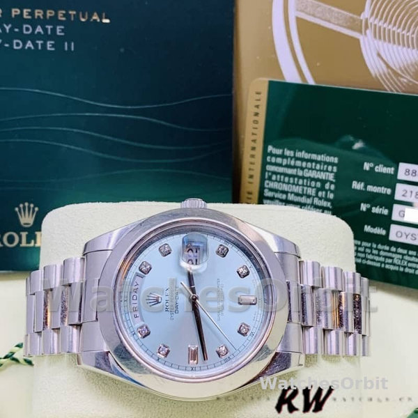 Replica Heren Rolex Day-Date-218206, 41mm, Platina, Ijsblauwe Diamanten Wijzerplaat