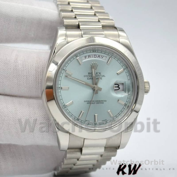 Replica Heren Rolex Day-Date-218206, 41mm, ijsblauwe index wijzerplaat, platina