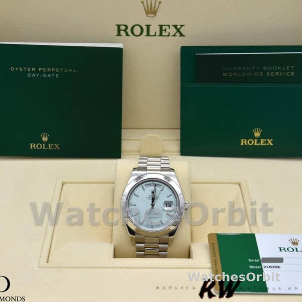 Replica Heren Rolex Day-Date-218206, 41mm, ijsblauwe index wijzerplaat, platina