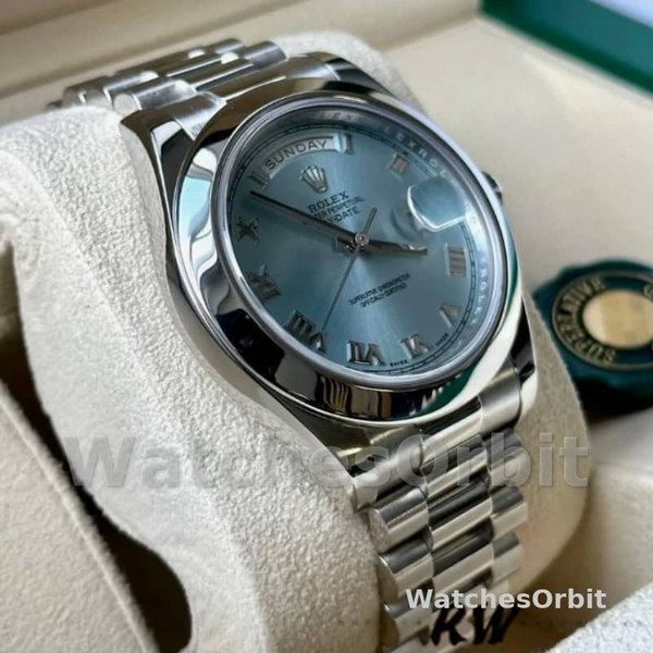 Replica Heren Rolex Day-Date-218206, 41mm, ijsblauwe Romeinse cijfer wijzerplaat, platina