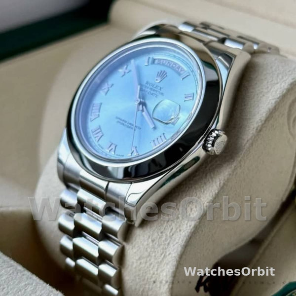 Replica Heren Rolex Day-Date-218206, 41mm, ijsblauwe Romeinse cijfer wijzerplaat, platina