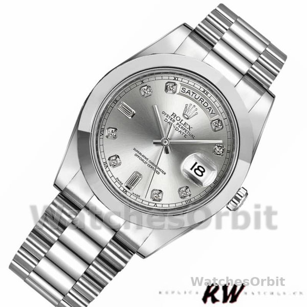 Replica Heren Rolex Day-Date-218206, 41mm, Platina, Zilveren Diamanten Wijzerplaat