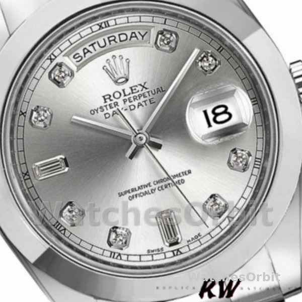 Replica Heren Rolex Day-Date-218206, 41mm, Platina, Zilveren Diamanten Wijzerplaat