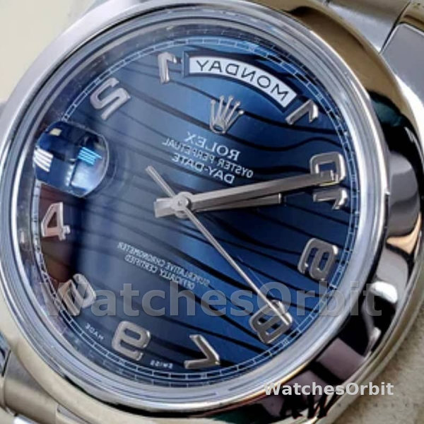 Replica Heren Rolex Day-Date-218206, 41mm, Platina, Golfpatroon Blauwe Wijzerplaat