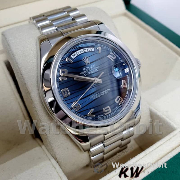 Replica Heren Rolex Day-Date-218206, 41mm, Platina, Golfpatroon Blauwe Wijzerplaat