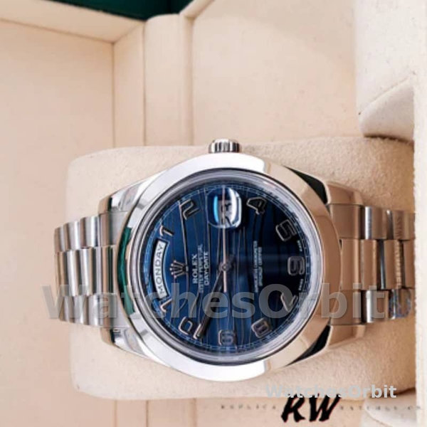 Replica Heren Rolex Day-Date-218206, 41mm, Platina, Golfpatroon Blauwe Wijzerplaat