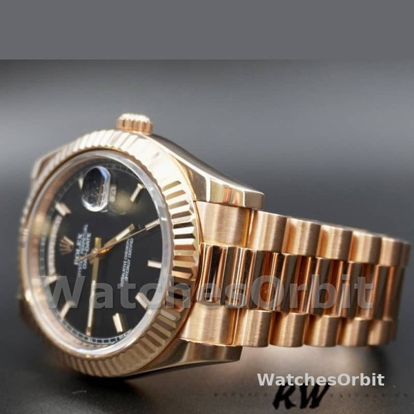 Replica Heren Rolex Day-Date-218235, 41 mm, roségoud, zwarte index wijzerplaat