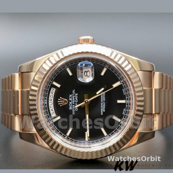 Replica Heren Rolex Day-Date-218235, 41 mm, roségoud, zwarte index wijzerplaat