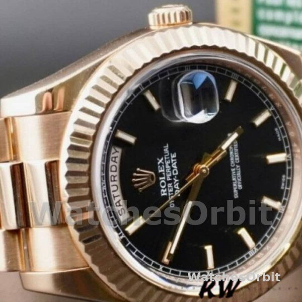 Replica Heren Rolex Day-Date-218235, 41 mm, roségoud, zwarte index wijzerplaat