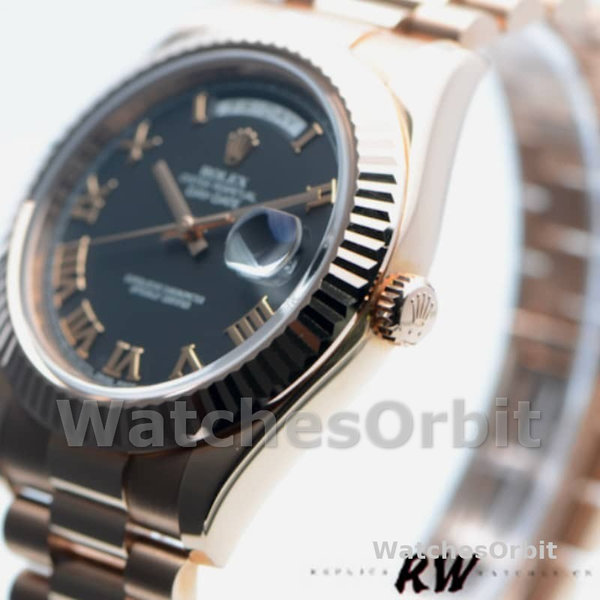 Replica Heren Rolex Day-Date-218235, 41mm, Rose Goud, Zwarte Romeinse Cijfers Wijzerplaat