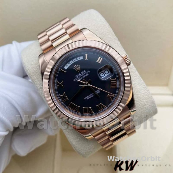 Replica Heren Rolex Day-Date-218235, 41mm, Rose Goud, Zwarte Romeinse Cijfers Wijzerplaat