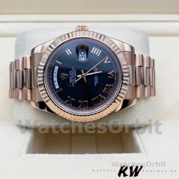 Replica Heren Rolex Day-Date-218235, 41mm, Rose Goud, Zwarte Romeinse Cijfers Wijzerplaat