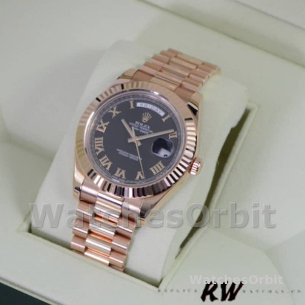 Replica Heren Rolex Day-Date-218235, 41mm, Rose Goud, Zwarte Romeinse Cijfers Wijzerplaat