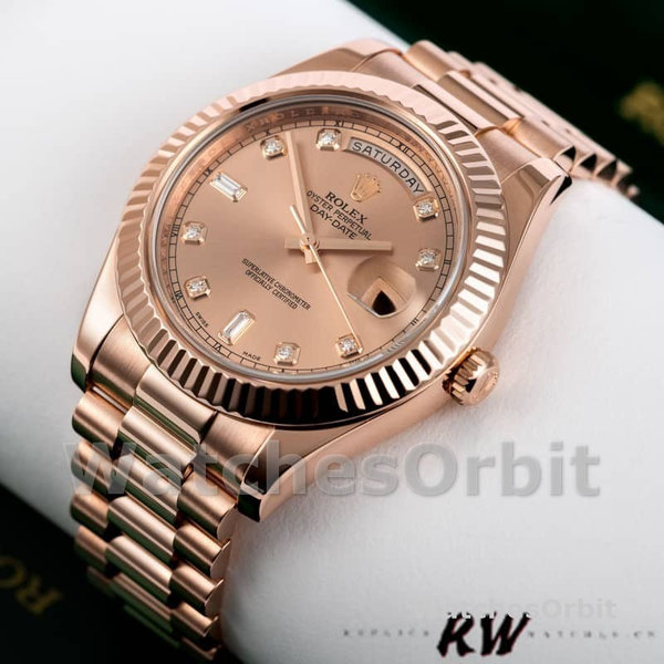 Replica Heren Rolex Day-Date-218235, 41mm, Roségoud, Wijzerplaat met Champagne Diamanten