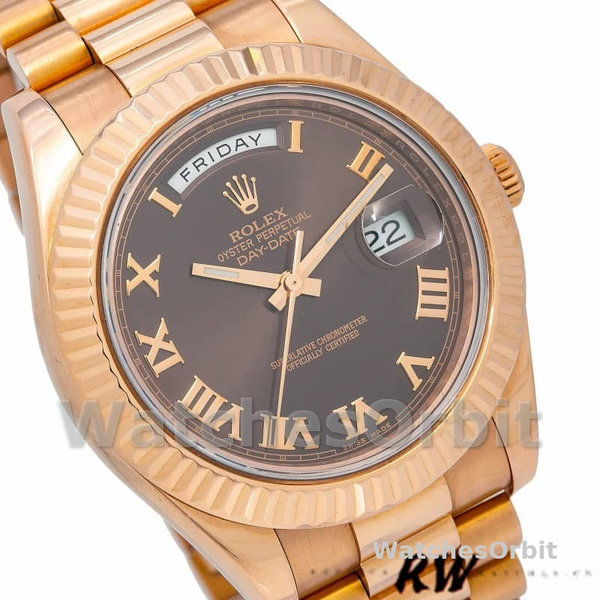 Replica Heren Rolex Day-Date-218235, 41mm, Chocoladebruine wijzerplaat, Roségoud