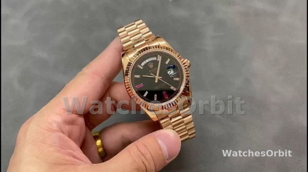 Replica Heren Rolex Day-Date-218235, 41mm, Rose Goud, Zwarte Wijzerplaat met Diamanten en Robijnen, Heren Zwart