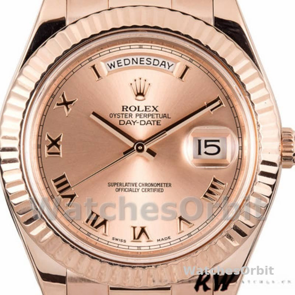 Replica Heren Rolex Day-Date-218235, 41mm, Roze Romeinse cijfers wijzerplaat, Roségoud