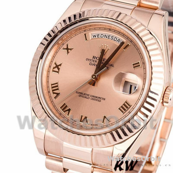 Replica Heren Rolex Day-Date-218235, 41mm, Roze Romeinse cijfers wijzerplaat, Roségoud