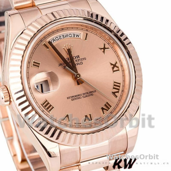 Replica Heren Rolex Day-Date-218235, 41mm, Roze Romeinse cijfers wijzerplaat, Roségoud