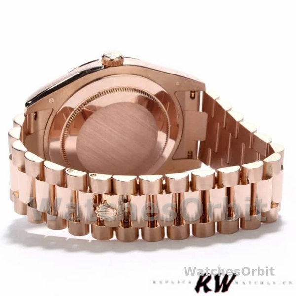 Replica Heren Rolex Day-Date-218235, 41mm, Roze Romeinse cijfers wijzerplaat, Roségoud