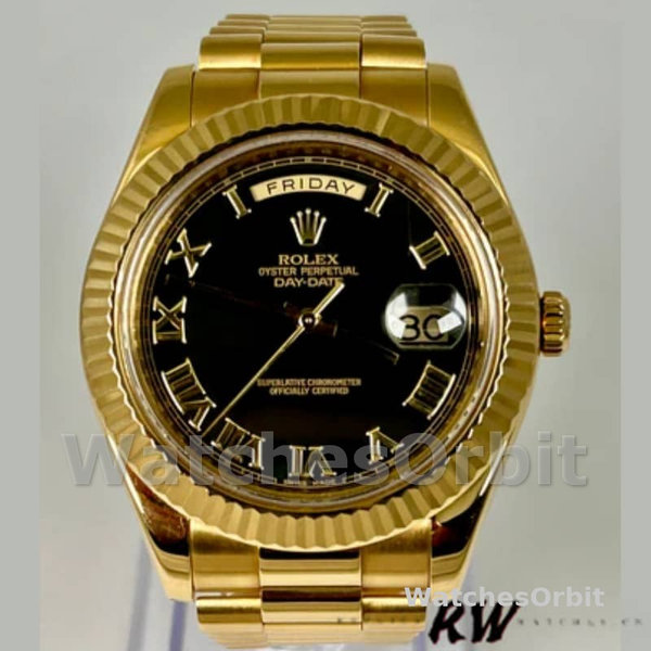 Replica Heren Rolex Day-Date-218238, 41mm, Geelgoud, Wijzerplaat met zwart Romeinse cijfers