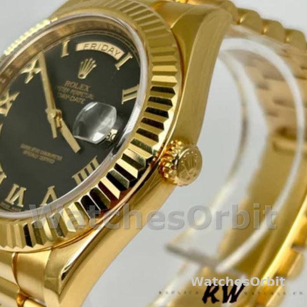 Replica Heren Rolex Day-Date-218238, 41mm, Geelgoud, Wijzerplaat met zwart Romeinse cijfers