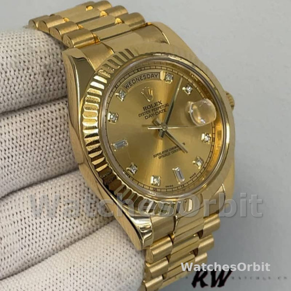 Replica Heren Rolex Day-Date-218238, 41mm, Geelgoud, Champagne Wijzerplaat