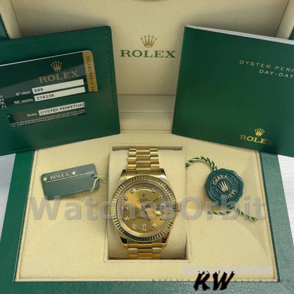 Replica Heren Rolex Day-Date-218238, 41mm, Geelgoud, Champagne Wijzerplaat