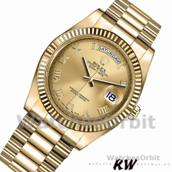 Replica Heren Rolex Day-Date-218238, 41mm, Geelgoud, Champagne Romeinse Cijfer Wijzerplaat