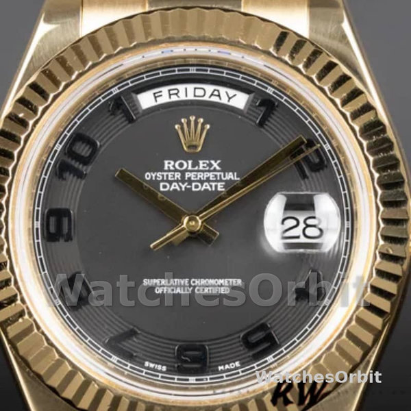 Replica Heren Rolex Day-Date-218238, 41mm, Geelgoud, Concentrische Cirkel Zwarte Wijzerplaat, Heren Zwart