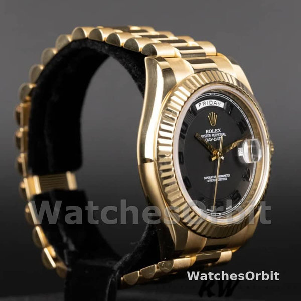Replica Heren Rolex Day-Date-218238, 41mm, Geelgoud, Concentrische Cirkel Zwarte Wijzerplaat, Heren Zwart