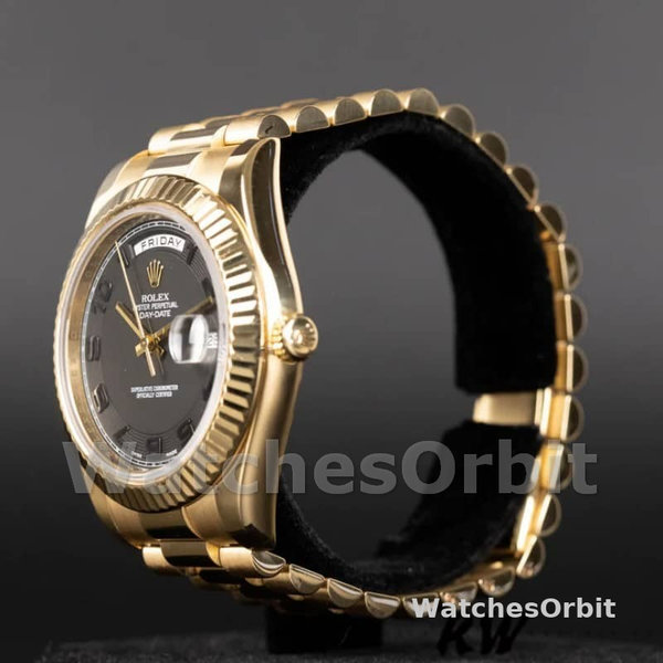 Replica Heren Rolex Day-Date-218238, 41mm, Geelgoud, Concentrische Cirkel Zwarte Wijzerplaat, Heren Zwart