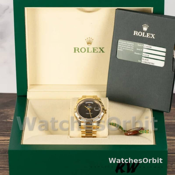 Replica Heren Rolex Day-Date-218238, 41mm, Geelgoud, Concentrische Cirkel Zwarte Wijzerplaat, Heren Zwart