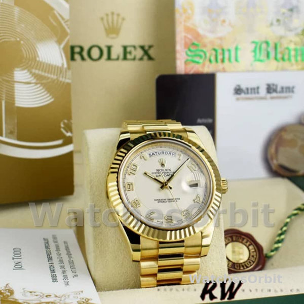 Replica Heren Rolex Day-Date-218238, 41mm, Ivory Wijzerplaat, Geel Goud