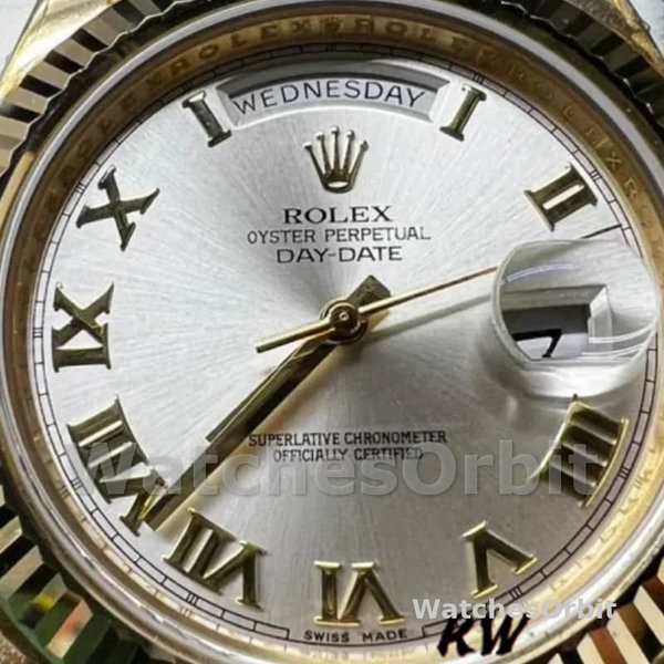 Replica Heren Rolex Day-Date-218238, 41mm, Geelgoud, Zilveren Romeinse Cijfer Wijzerplaat