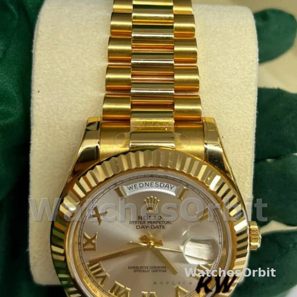 Replica Heren Rolex Day-Date-218238, 41mm, Geelgoud, Zilveren Romeinse Cijfer Wijzerplaat